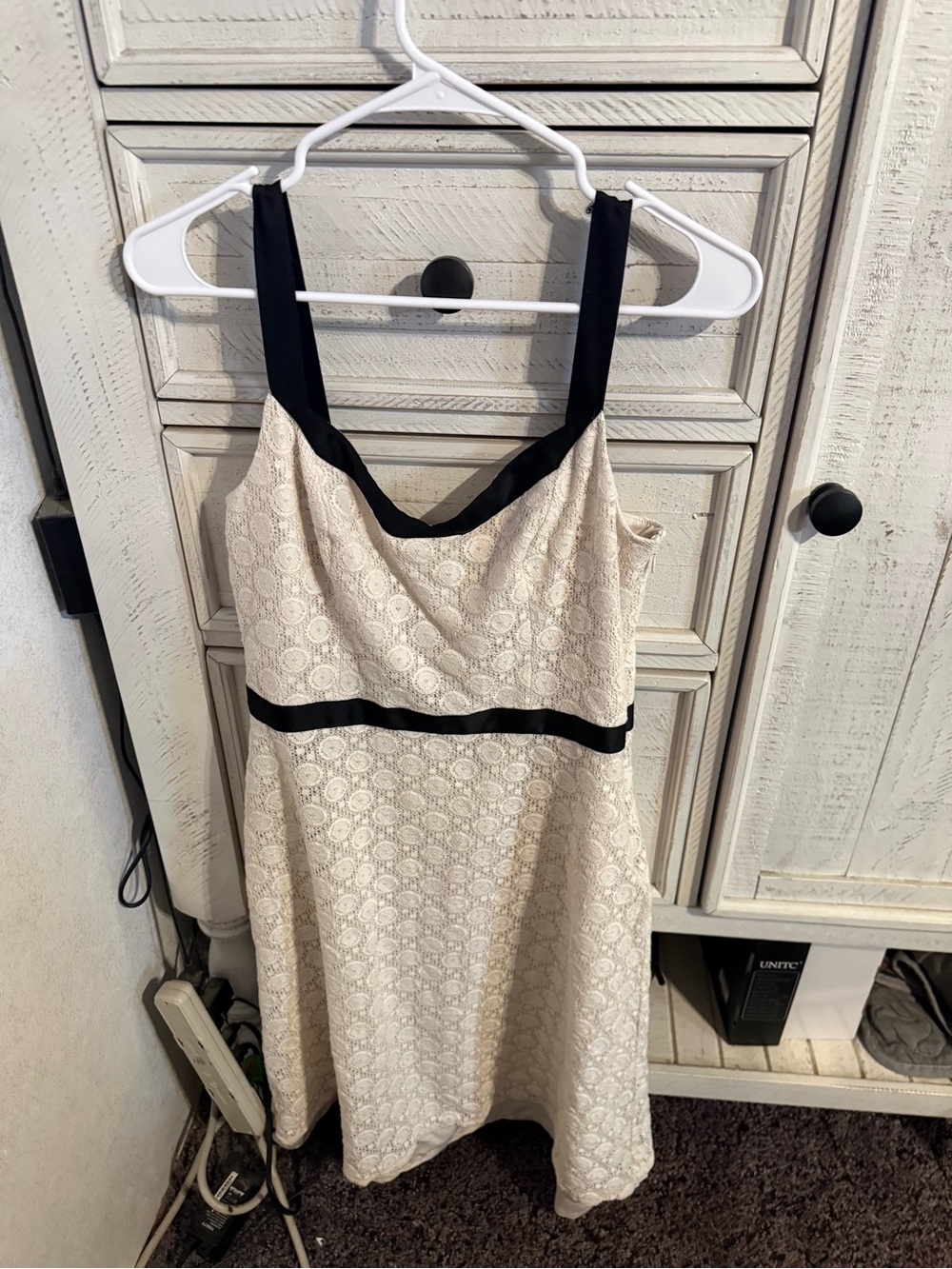 LOFT Cream Lace Midi Dress with Black Trim